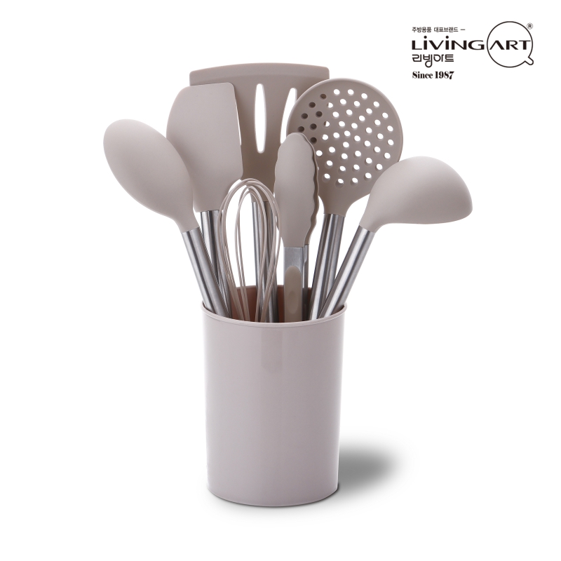 [리빙아트]_멜로우 키친툴 8P세트(국자,뒤집게,집게,거품기,건지개,조리스푼,스파츌라,수납통) 상품이미지
