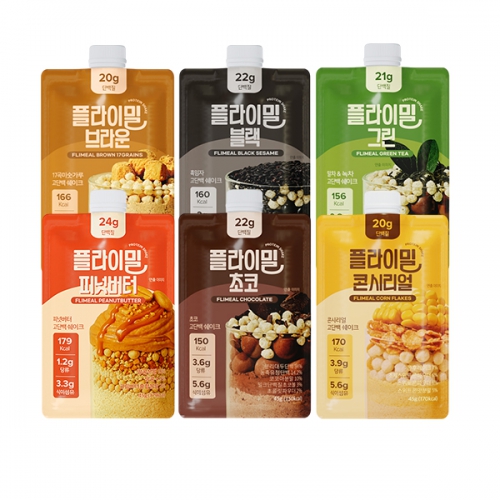[플라이밀] 단백질 쉐이크 파우치 버라이어티 스타터팩 B세트(피넛버터1개+초코1개+콘시리얼1개+브라운1개+블랙1개+그린1개)