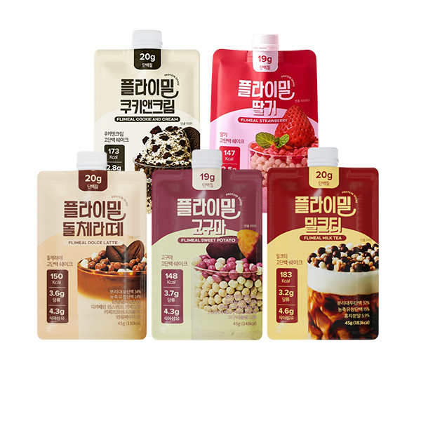 [플라이밀] 단백질 쉐이크 파우치 버라이어티 스타터팩 A세트(쿠앤크1개+딸기1개+돌체라떼1개+고구마1개+밀크티1개) 상품이미지
