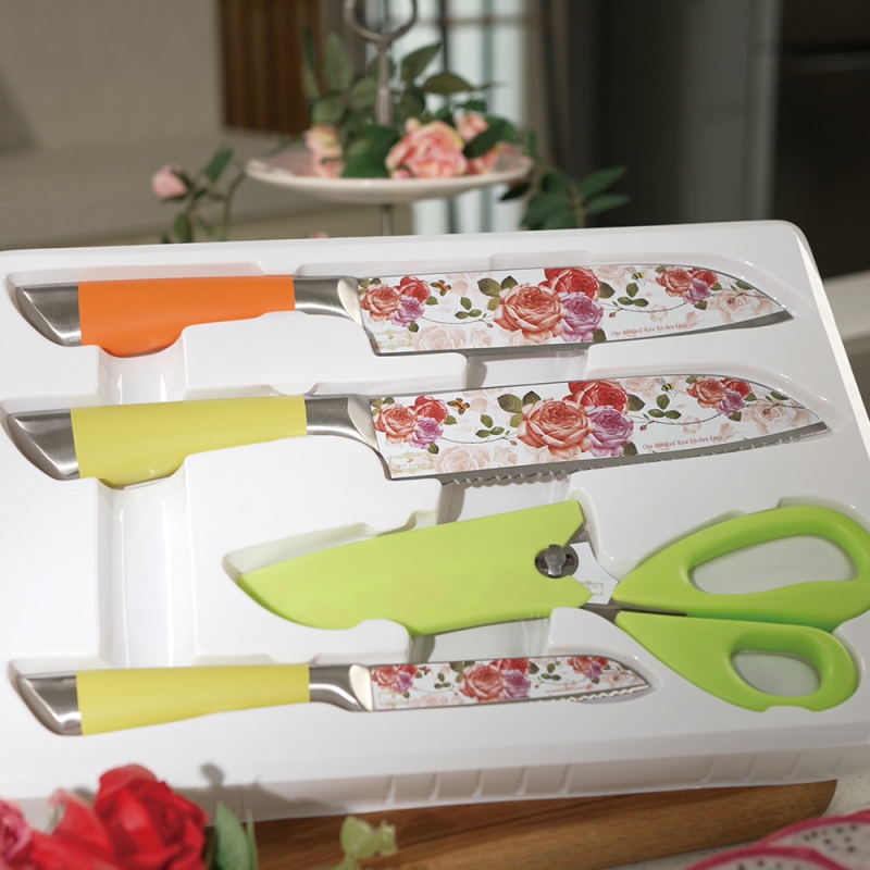 천년 장미칼 웨이브형 일자형 칼세트 4종 과도 만능가위 주방칼 부엌칼 1세트 상품이미지