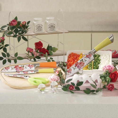 천년 장미칼 웨이브형 일자형 칼세트 4종 과도 만능가위 주방칼 부엌칼 1세트